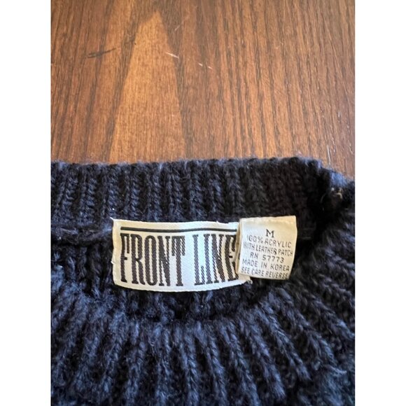 Vintage Front Line Chunky Cable Knit Crew Neck Sweater Leather Trim 80s Medium - Picture 3 of 6